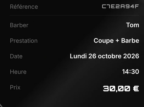 Le récapitulatif du rendez-vous : barber, prestation, date, heure et prix (données fictives)