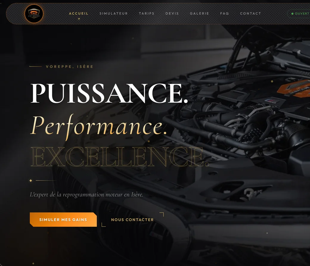 L'accueil du site EMS Motors sur ordinateur : « Puissance. Performance. Excellence. »