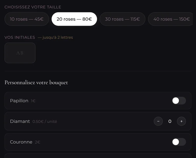 Les options du bouquet : de 10 à 100 roses, les initiales et les suppléments (papillon, diamant, couronne…)